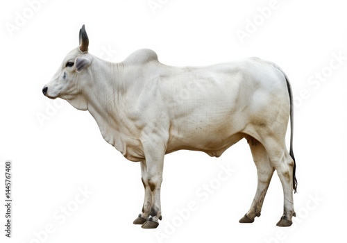 Profile view of a light colored zebu cow standing on a white background shot