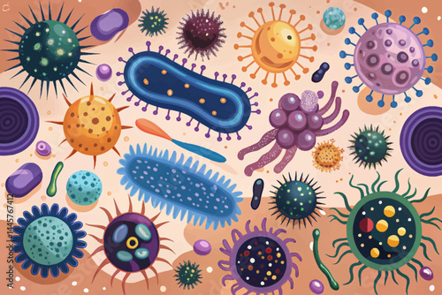Amazing Set of different microorganisms isolated on white background. Collection of infectious germs, protists, microbes. Bundle of disease causing bacteria, viruses. Bright colored vector