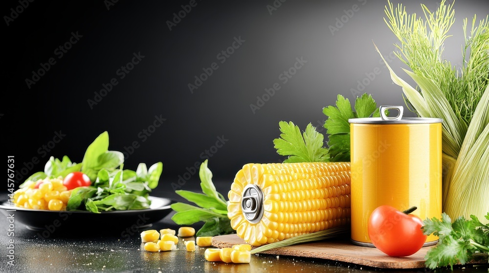 A can of canned corn sitting on a wooden surface, surrounded by fresh herbs and a serving dish, highlighting its freshness and versatility.