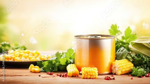 Obraz na płótnie A can of canned corn sitting on a wooden surface, surrounded by fresh herbs and a serving dish, highlighting its freshness and versatility. w salonie