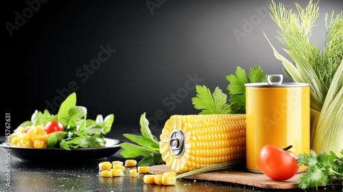Obraz na płótnie A can of canned corn sitting on a wooden surface, surrounded by fresh herbs and a serving dish, highlighting its freshness and versatility. w salonie