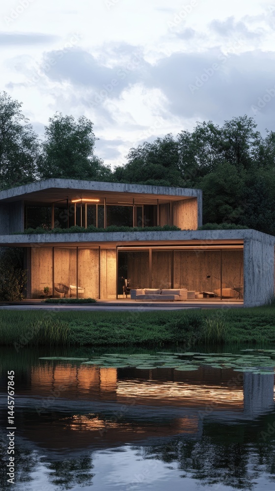 Modern concrete house nestled beside a tranquil lake at dusk. Modern concrete house nestled beside a tranquil lake at dusk.