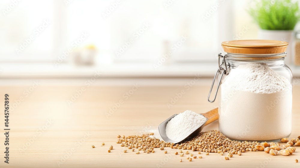 A clean, rustic kitchen scene with a jar of whole grain flour, a scoop, and scattered grains on a wooden countertop.