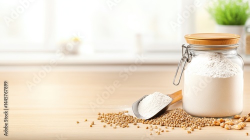 Obraz na płótnie A clean, rustic kitchen scene with a jar of whole grain flour, a scoop, and scattered grains on a wooden countertop. w salonie