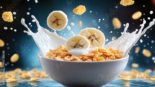 A close-up of a bowl of corn flakes with a splash of milk and a few pieces of sliced banana on top, capturing a healthy breakfast vibe.