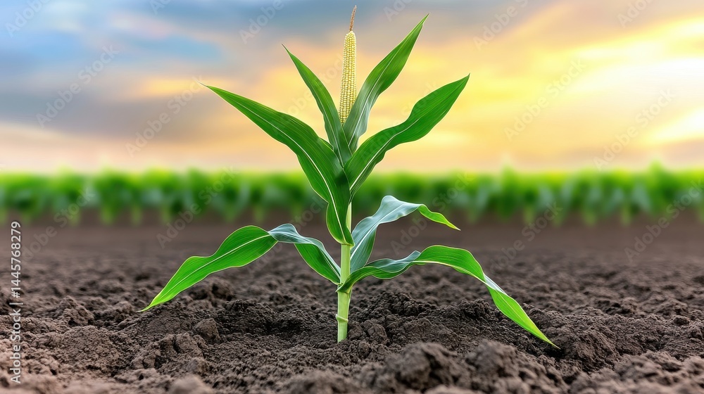 A close-up of a healthy corn plant in the field, with vibrant green leaves and a strong, sturdy stalk reaching toward the sky.