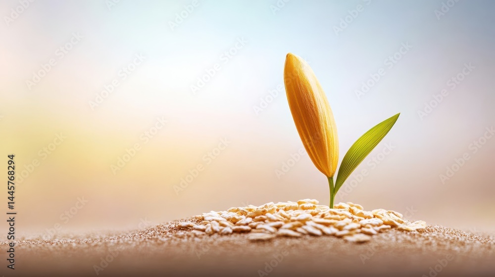 A close-up of a single oat seed on a soft, textured surface, with focus on its shape, color, and fine details.