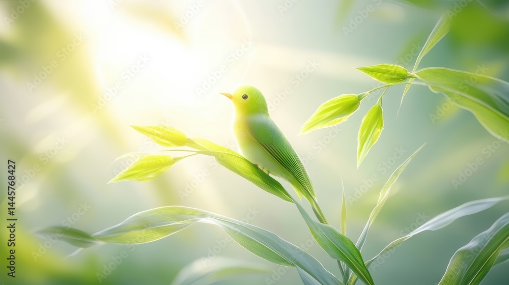 A close-up of a single corn plant with several green ears developing, surrounded by fresh leaves and sunlight filtering through the stalks.