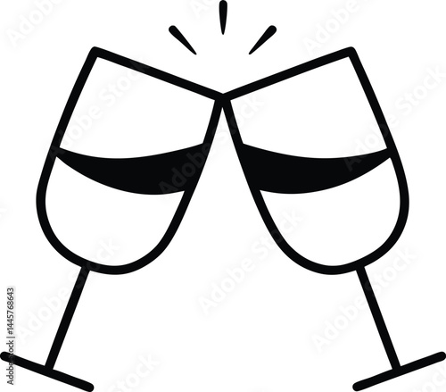 Two glasses clinking together in continuous line art drawing style symbolizing celebration great for party invites festive designs and drink related artwork