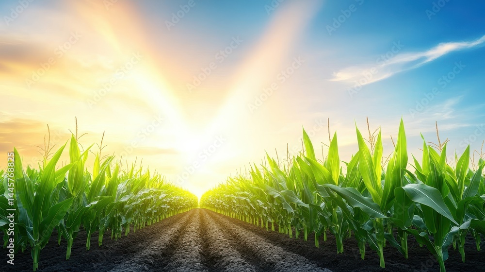 A close-up of fresh corn stalks in neat rows, with each row lined up perfectly in a vast field under the summer sky.