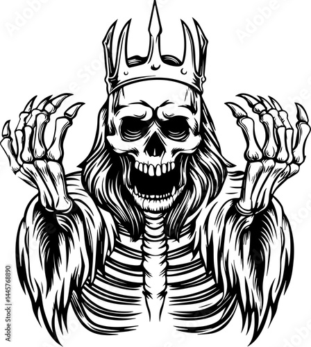 Dark Reaper Skeleton Lord in SVG vector style. Creepy Skeleton King with Crown and Outstretched Hands Design