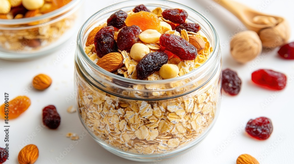 A close-up of oat flakes mixed with dried fruits and nuts, displayed in a glass jar, showcasing the texture and ingredients.