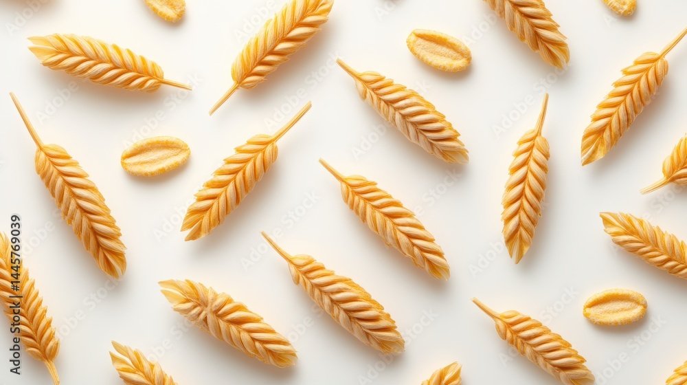 A close-up of individual cereal grains, arranged neatly on a light-colored background, emphasizing their size and smooth texture for a clean look.