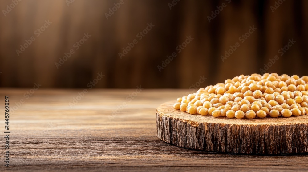 A close-up of paddy seeds placed neatly on a rustic wooden surface, showcasing their natural texture and rich golden color.