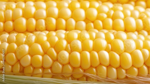 A close-up of organic corns with husks removed, revealing uniform, glossy yellow kernels arranged in perfect rows.