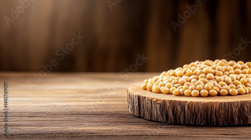 Obraz na płótnie A close-up of paddy seeds placed neatly on a rustic wooden surface, showcasing their natural texture and rich golden color. w salonie