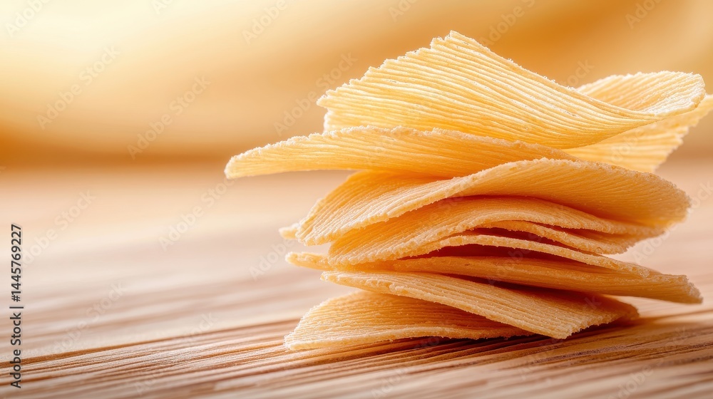 A close-up of shredded wheat cereal pieces stacked neatly on a wooden surface, highlighting the delicate texture.