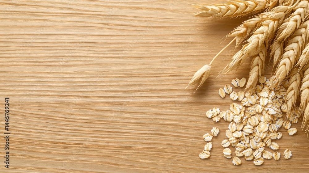A close-up of raw oat seeds scattered on a wooden surface, with a rustic feel and natural textures.