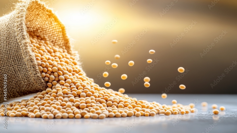 A close-up of soybeans being poured from a burlap sack onto a smooth surface, highlighting their smooth texture.