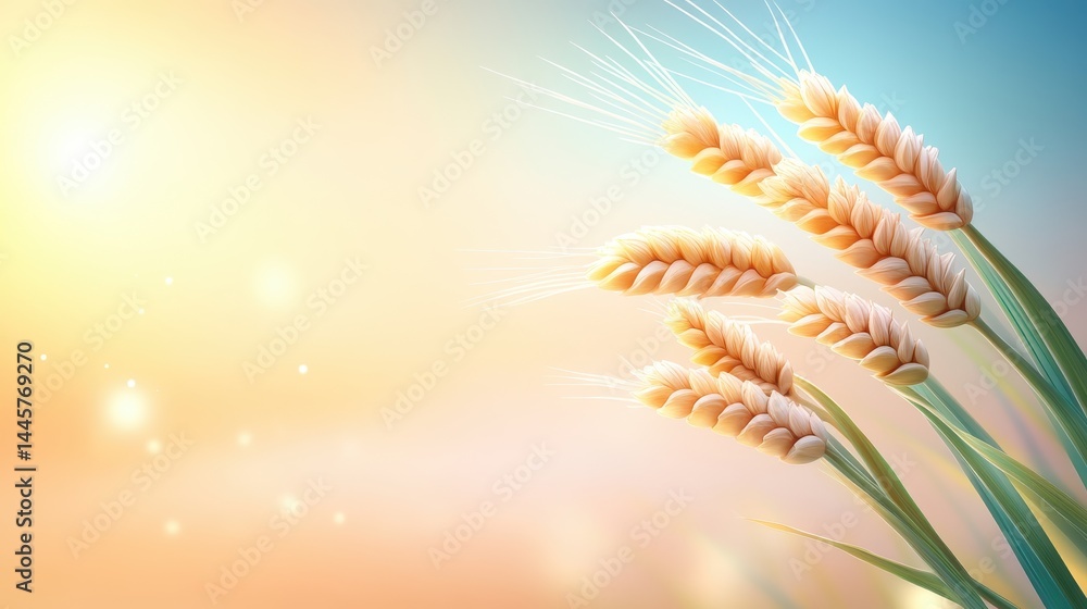 A close-up of wheat grains ripening on stalks, set against a soft natural background with the warm glow of sunlight.