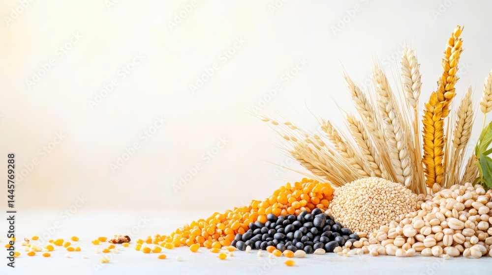 A close-up of various food grains in a row, showcasing their diverse textures and colors on a natural, light-colored background.