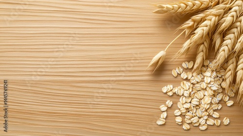 A close-up of raw oat seeds scattered on a wooden surface, with a rustic feel and natural textures.