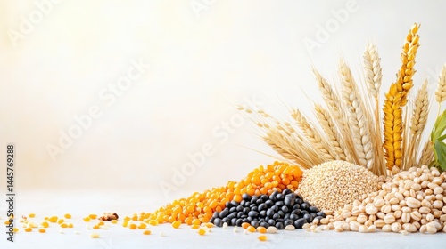 A close-up of various food grains in a row, showcasing their diverse textures and colors on a natural, light-colored background.