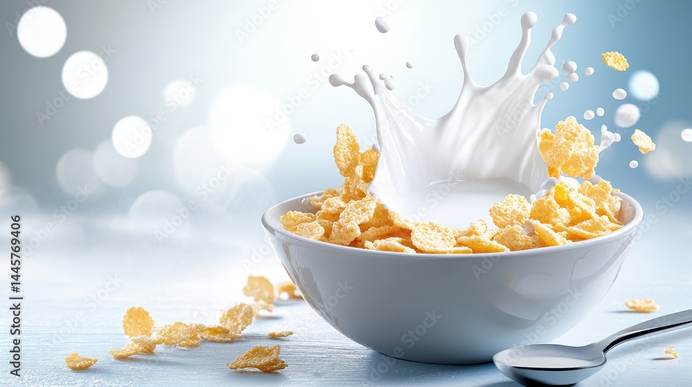 A close-up shot of corn flakes in a bowl with an inviting splash of milk, a spoon resting nearby, and soft morning light highlighting the textures.