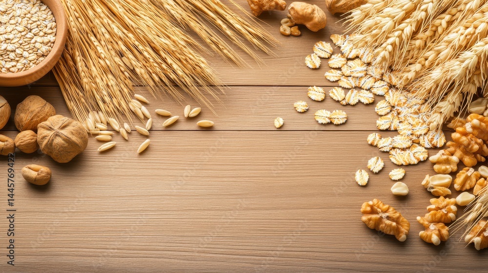 A close-up of various grains like wheat, oats, and barley spread out on a rustic wooden table.