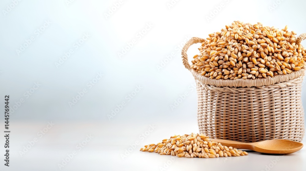 A close-up shot of a woven bag overflowing with barley grains, with a wooden spoon beside it, placed on a smooth, neutral surface.