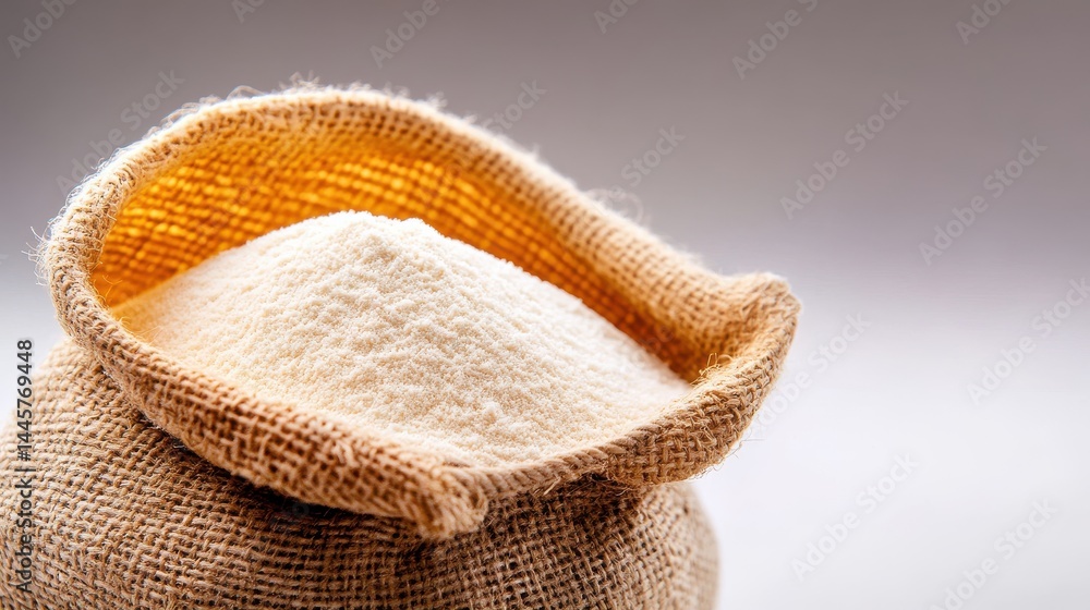 A close-up shot of freshly milled wheat flour in a burlap sack, with the sack opened to reveal the fine powder inside.