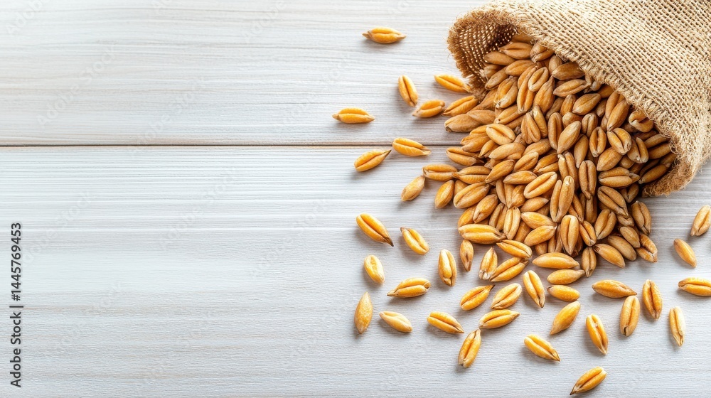 A close-up of whole grain seeds spilling from a burlap sack, showcasing their texture against a simple wooden background.