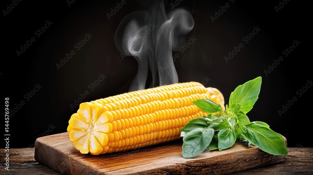 A boiled corn cob with visible steam, placed on a rustic wooden cutting board next to a sprig of fresh herbs, highlighting its freshness.