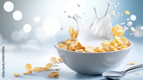 A close-up shot of corn flakes in a bowl with an inviting splash of milk, a spoon resting nearby, and soft morning light highlighting the textures.