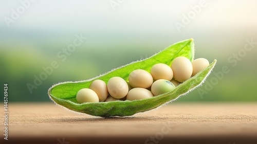 Obraz na płótnie A close-up shot of a pod with several soybeans inside, resting on a flat surface with a blurred natural background. w salonie