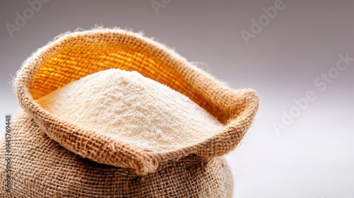 Obraz na płótnie A close-up shot of freshly milled wheat flour in a burlap sack, with the sack opened to reveal the fine powder inside. w salonie