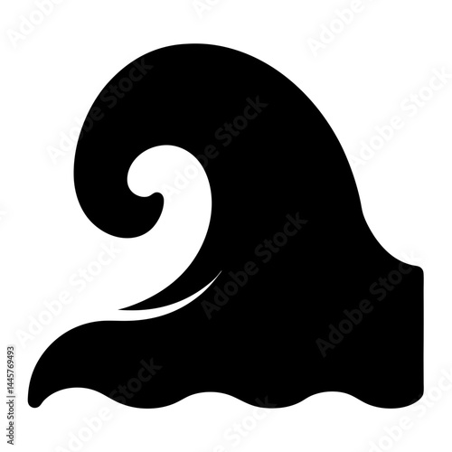 Black and white illustration of a stylized wave cresting and breaking