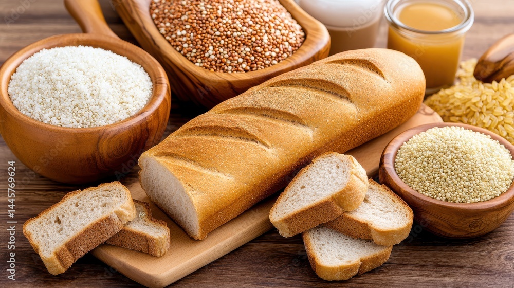 A close-up view of a variety of grain products, including whole wheat bread, rice, and quinoa, neatly displayed on a wooden countertop.
