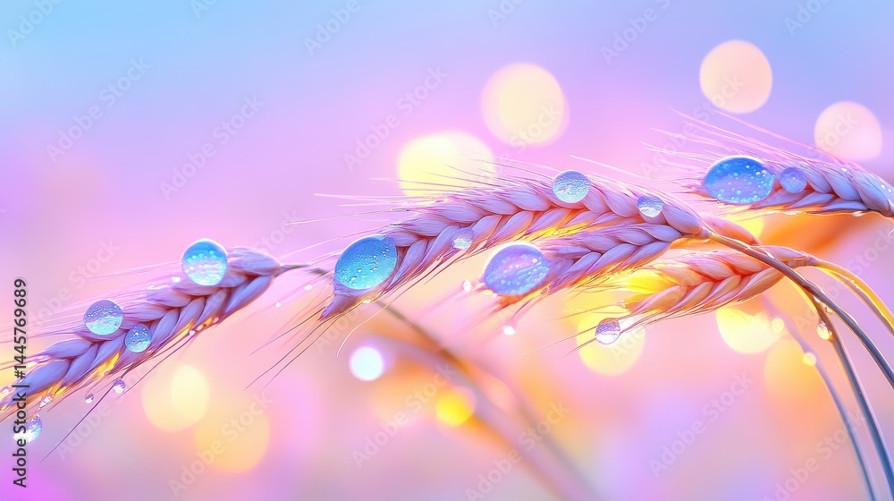 A close-up view of wheat heads with dew drops on them, illuminated by soft morning light.