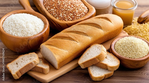 A close-up view of a variety of grain products, including whole wheat bread, rice, and quinoa, neatly displayed on a wooden countertop.