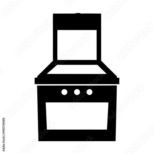 Black and white illustration of a modern kitchen oven with open door