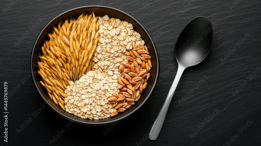 A bowl filled with an assortment of grain-based products like barley, oats, and wheat, placed next to a spoon.