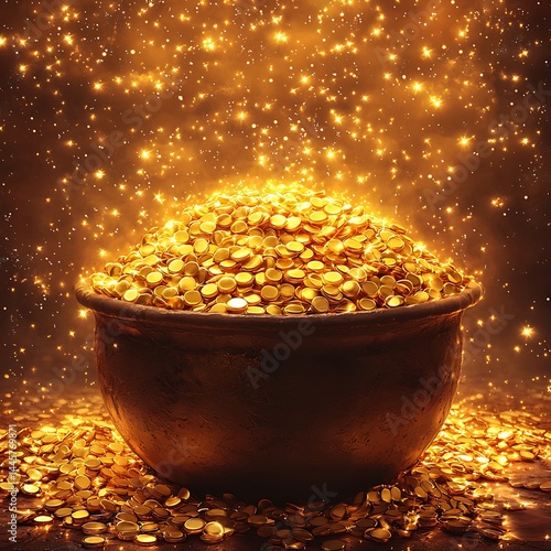 Golden coins overflowing from a clay pot, sparkling