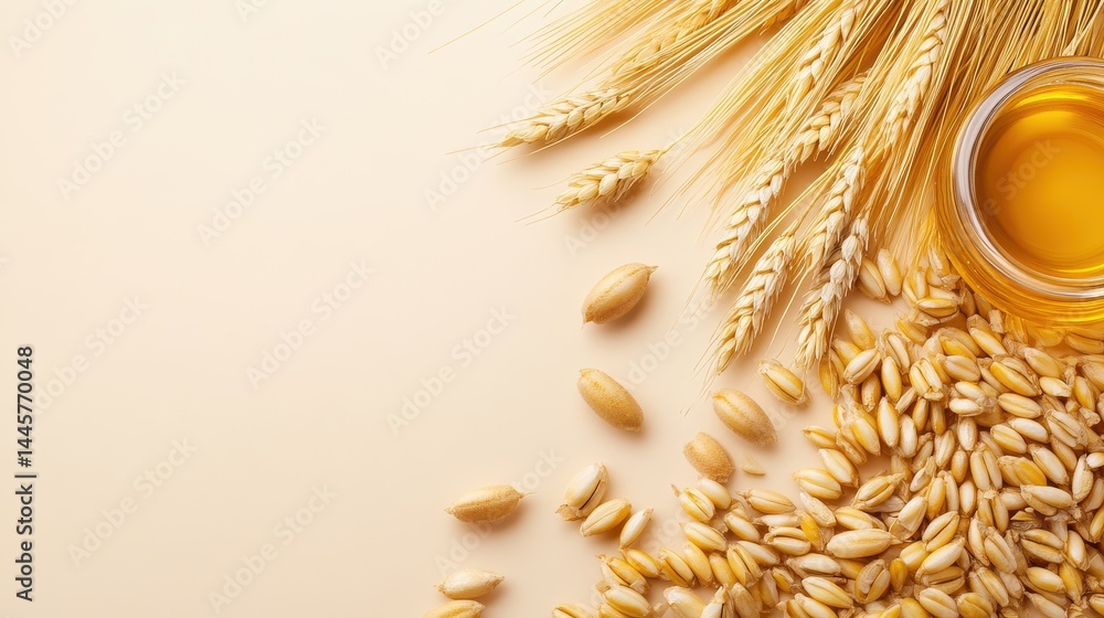 A collection of malted barley kernels spread out across a table, highlighting their rich, golden color and natural texture.