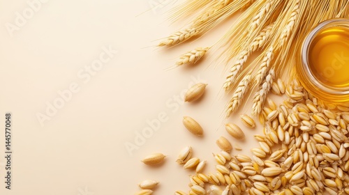 Obraz na płótnie A collection of malted barley kernels spread out across a table, highlighting their rich, golden color and natural texture. w salonie