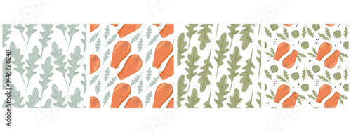 Freehand Arugula leaves Salmon steaks Brussels sprouts Seamless Patterns Healthy eating fond Big Set