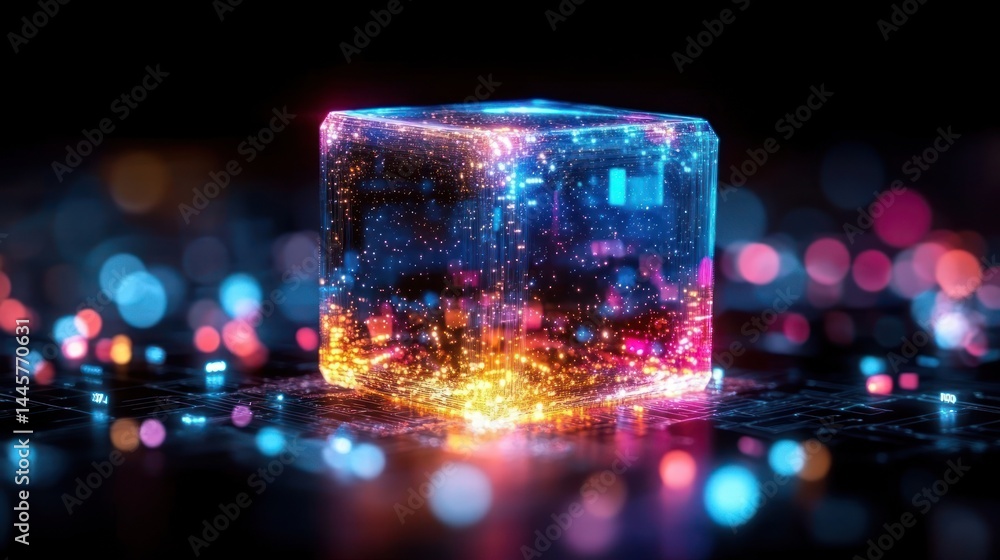 Glowing Digital Cube Representing Futuristic Technology Concept in Dark Background Glowing Digital Cube Representing Futuristic Technology Concept in Dark Background