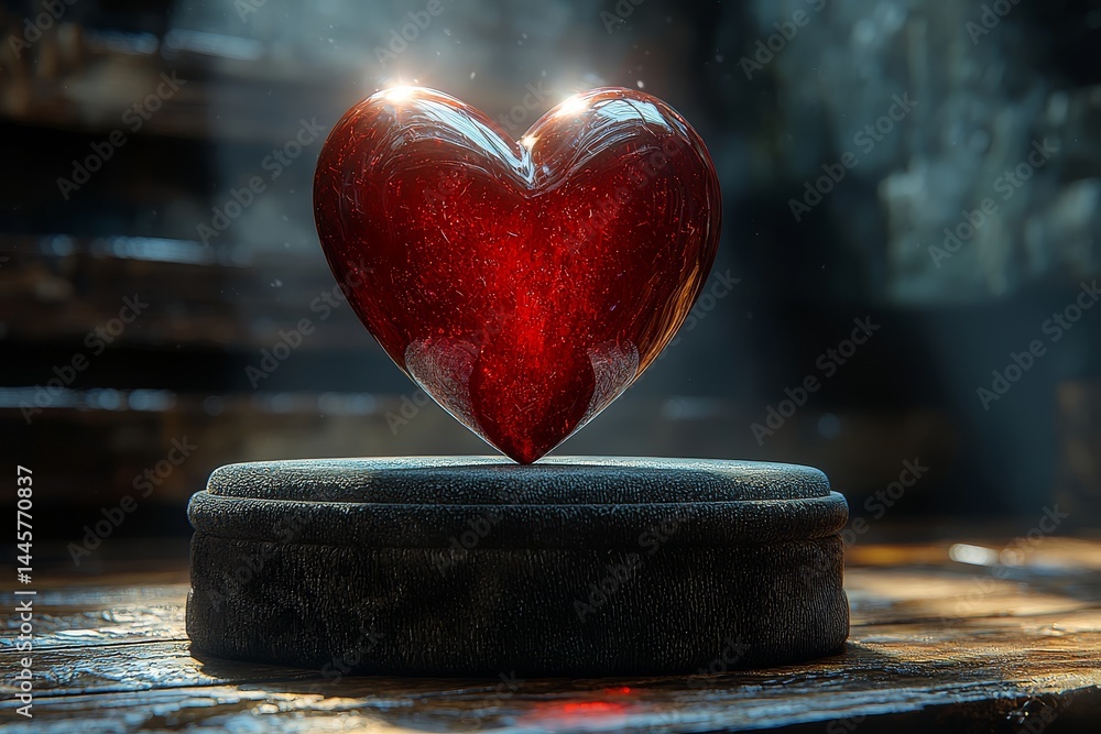 Fototapeta premium 3D-rendered glossy red heart floating above a soft velvet pedestal, with dramatic romantic lighting and deep shadows.