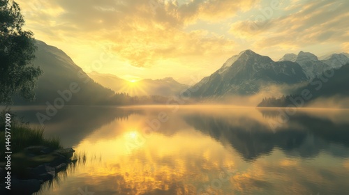 Wallpaper Mural Golden sunrise over lake landscape painting Torontodigital.ca