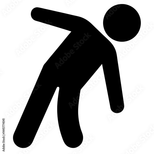 Black and white stick figure showing a person bending or reaching out